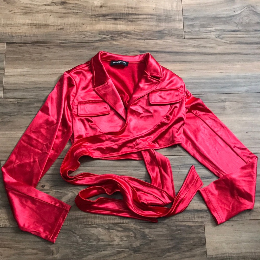 Shane Justin red satin crop top shirt criss cross size XS